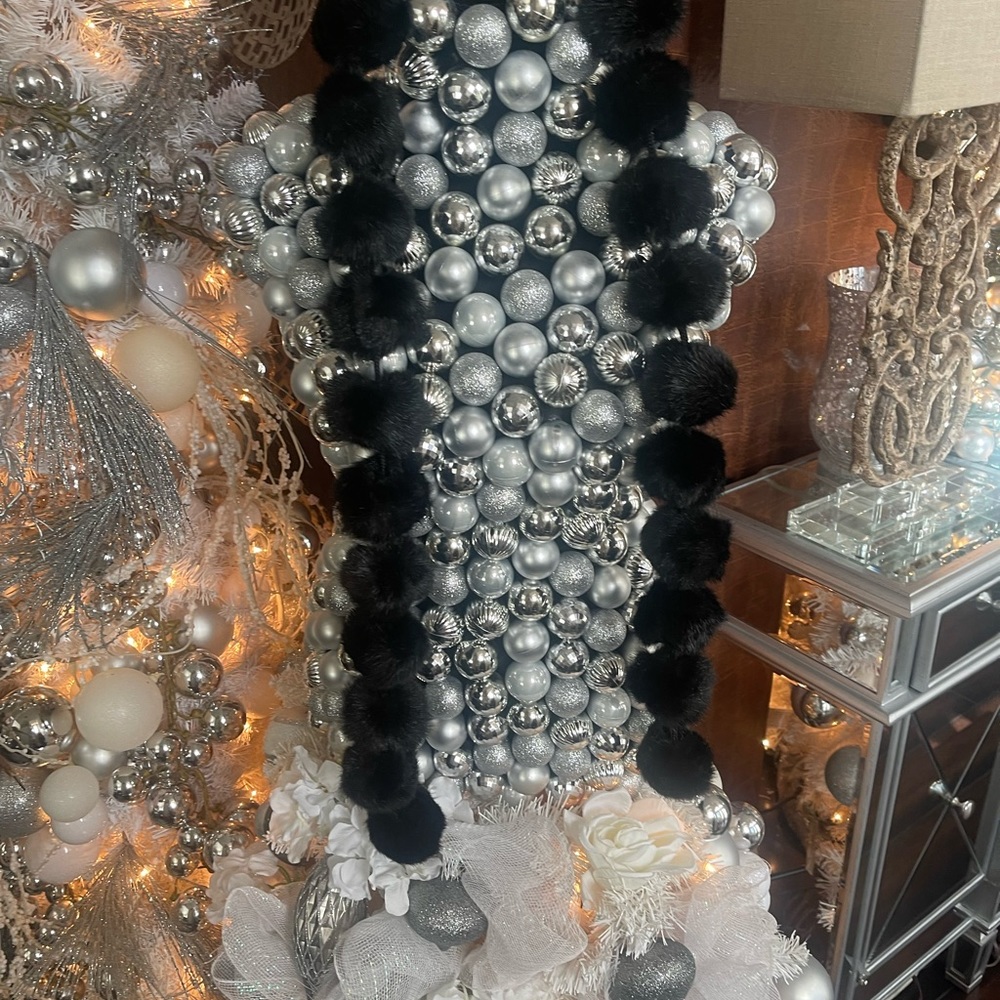 this is a woman’s scarf consisting of 25 fur like pom-poms. It’s 52” long